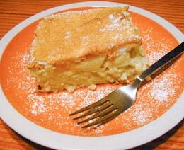 Baked rice pudding with pears and peaches