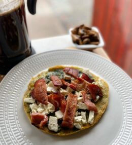 Pesto, feta and bacon savoury oat crepes