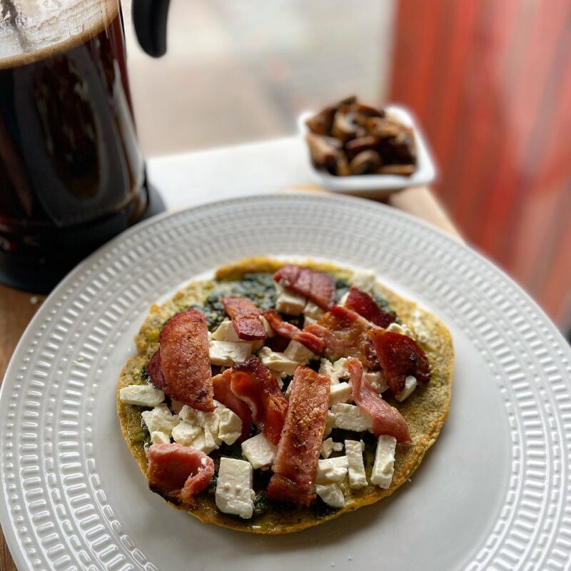 Pesto, feta and bacon savoury oat crepes