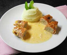 Turkey (or pork) mince rolls in creamy sauce