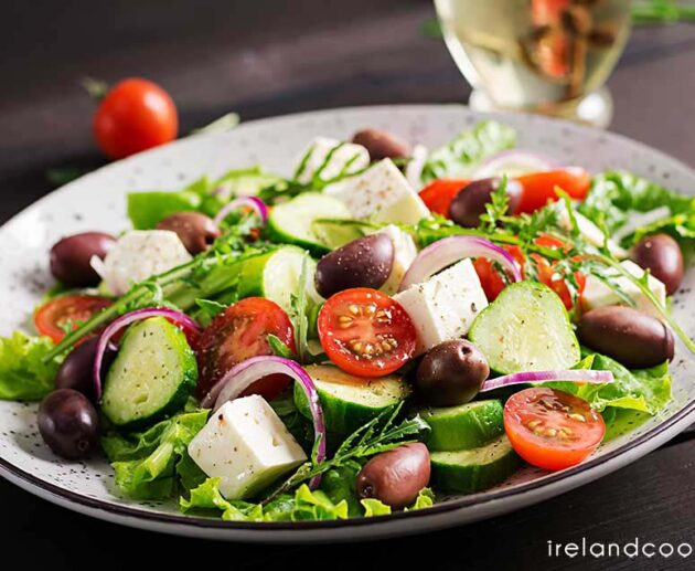 Greek salad with fresh vegetables, feta cheese and kalamata oliv