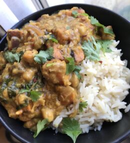 Sweet potato, red lentil & chickpea Katsu Curry