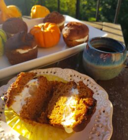 Pumpkin Muffins Layered With Roasted Apples and Cream Cheese Filling